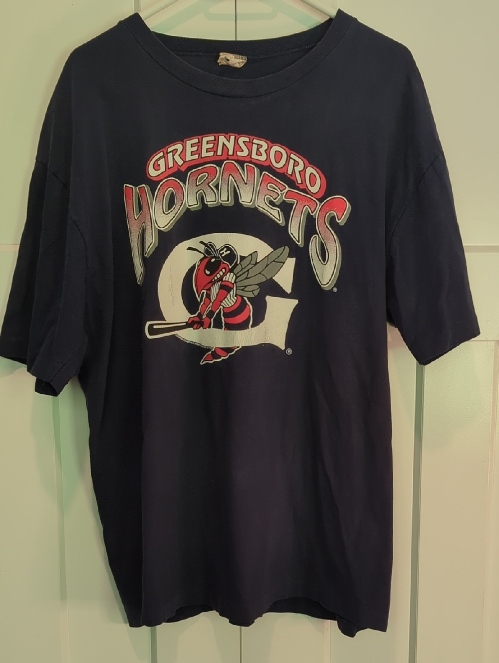 Vintage Greensboro Hornets Logo Tee - Navy with Red & White Graphic Size L